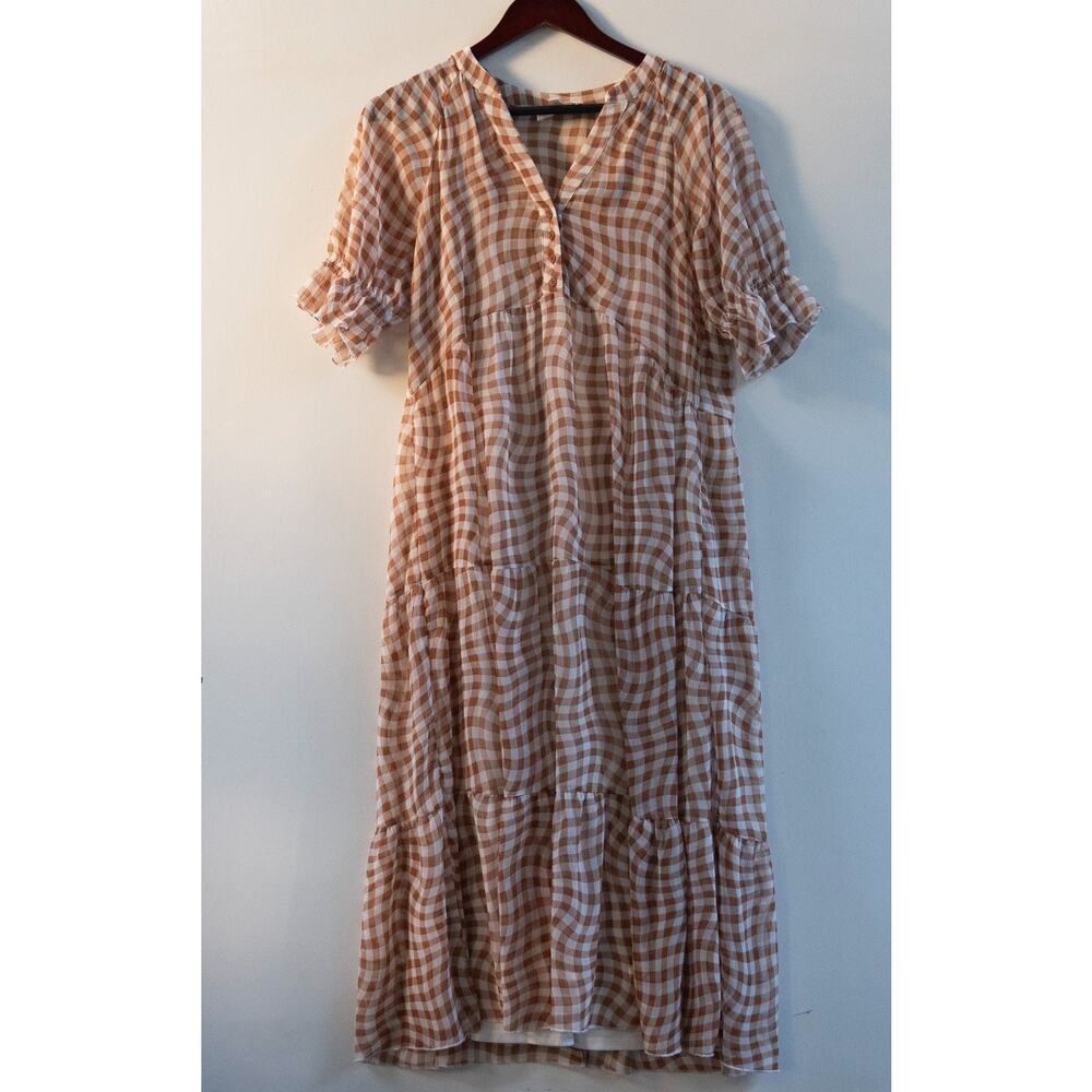 NWOT Signify Long Flowy MIDI Dress Brown Checkered Plaid Size Medium